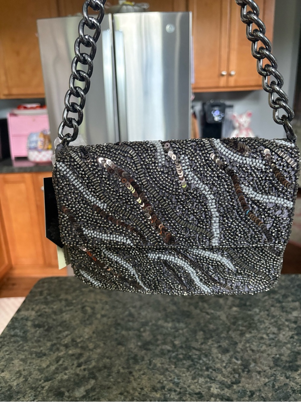 Beaded Chain Shoulder Bag - Black and Silver Sequin